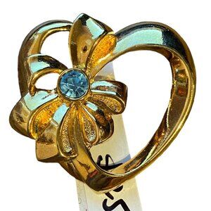 Vintage Gold Heart Flower Brooch With Rhinestone Center Retro Pin Jewelry Access
